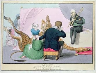 &39;Le Mort&39;, George IV (1762-1830), caricatura do Rei lamentando a morte da girafa no Zoológico de Londres, impresso por J. Netherclift, e pub. por McLean, 1829, Londres, (gravura colorida à mão)